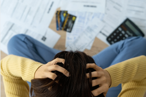 Persoon met financiële zorgen bij rekeningen en calculator, bij artikel over loonbeslag en verjaring